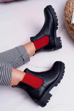 Damskie Boto Damskie Botki Sztyblety Czerwone Gumki Czarne Superpower