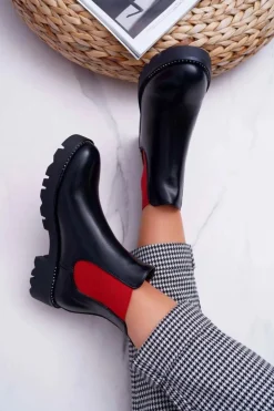 Damskie Boto Damskie Botki Sztyblety Czerwone Gumki Czarne Superpower