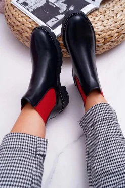 Damskie Boto Damskie Botki Sztyblety Czerwone Gumki Czarne Superpower