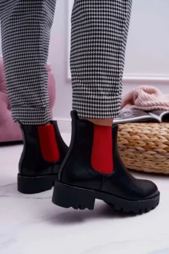 Damskie Boto Damskie Botki Sztyblety Czerwone Gumki Czarne Superpower