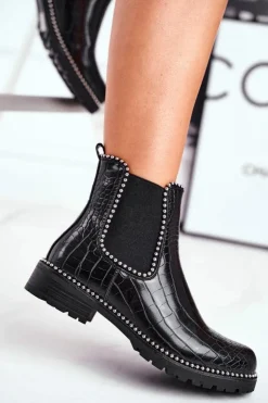 Boto Czarne Botki|Botki Zimowe Damskie*Damskie Botki Sztyblety Ciepłe Czarne Elvina