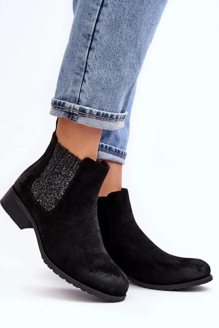 Damskie Boto Damskie Botki Sztyblety Na płaskim Obcasie Czarne Sauamia