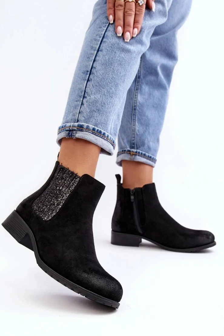 Damskie Boto Damskie Botki Sztyblety Na płaskim Obcasie Czarne Sauamia