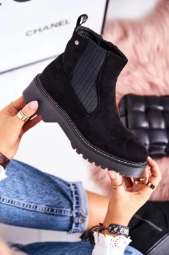New Boto Damskie Botki Sztyblety Na Gumowej Podeszwie Zamszowe Czarne Voyager