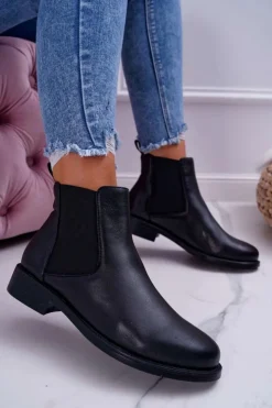 Best Damskie buty S.Barski Damskie Botki Sztyblety Płaski Obcas Skórzane Czarne Barski W1901