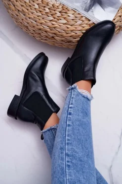 Best Damskie buty S.Barski Damskie Botki Sztyblety Płaski Obcas Skórzane Czarne Barski W1901