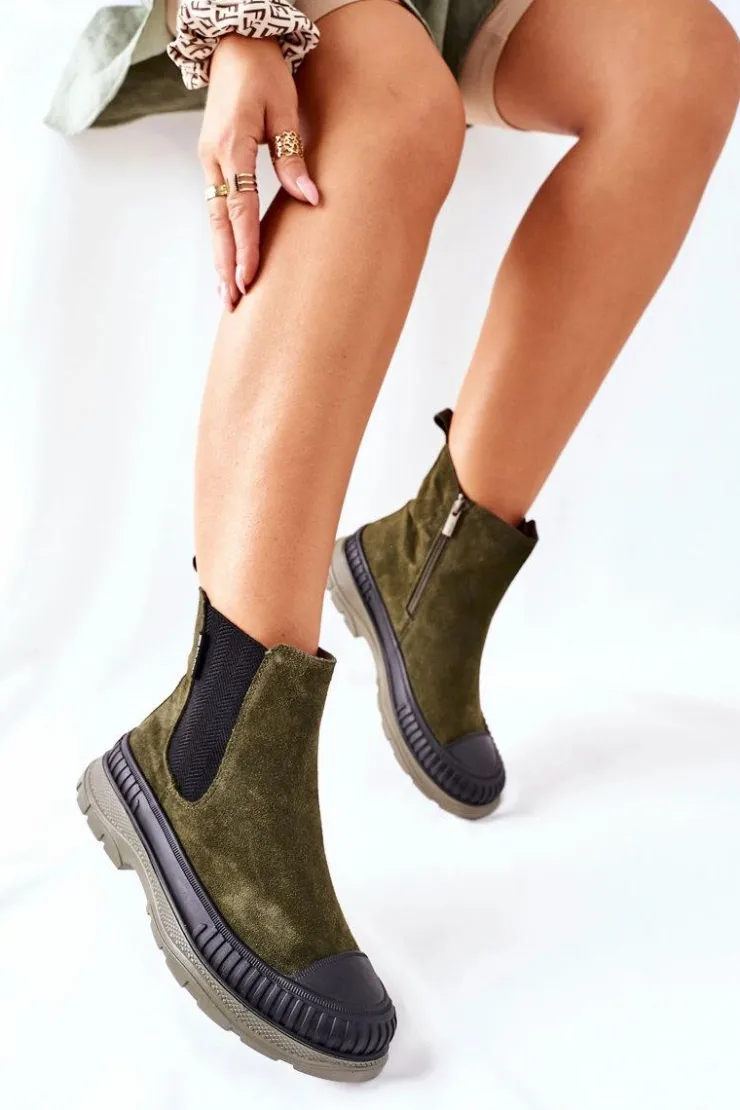 Damskie Big Star Shoes Damskie Botki Sztyblety Skóra Zamsz Big Star II274355 Khaki