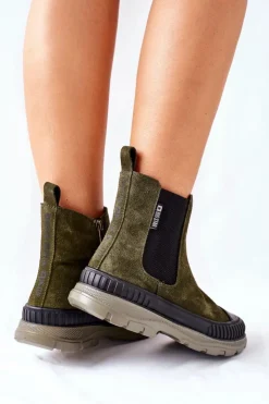 Damskie Big Star Shoes Damskie Botki Sztyblety Skóra Zamsz Big Star II274355 Khaki