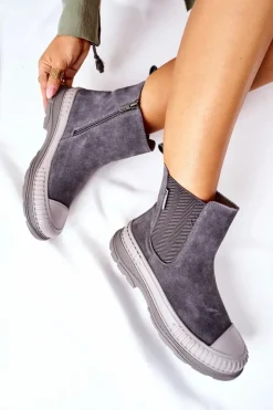 Clearance Big Star Shoes Damskie Botki Sztyblety Skóra Zamsz Big Star II274353 Szare