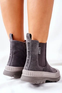 Clearance Big Star Shoes Damskie Botki Sztyblety Skóra Zamsz Big Star II274353 Szare