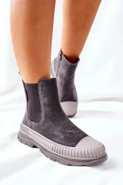 Clearance Big Star Shoes Damskie Botki Sztyblety Skóra Zamsz Big Star II274353 Szare