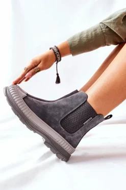 Clearance Big Star Shoes Damskie Botki Sztyblety Skóra Zamsz Big Star II274353 Szare