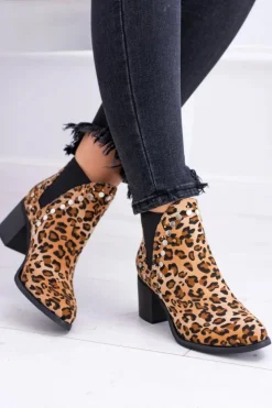 Boto Botki Na Słupku|Botki Zimowe Damskie*Damskie Botki Sztyblety W Panterkę Na Słupku Nity Savage