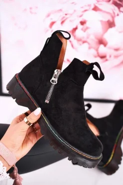 Online Boto Damskie Botki Sztyblety Z Kolorowym Przeszyciem Zamszowe Czarne Addison