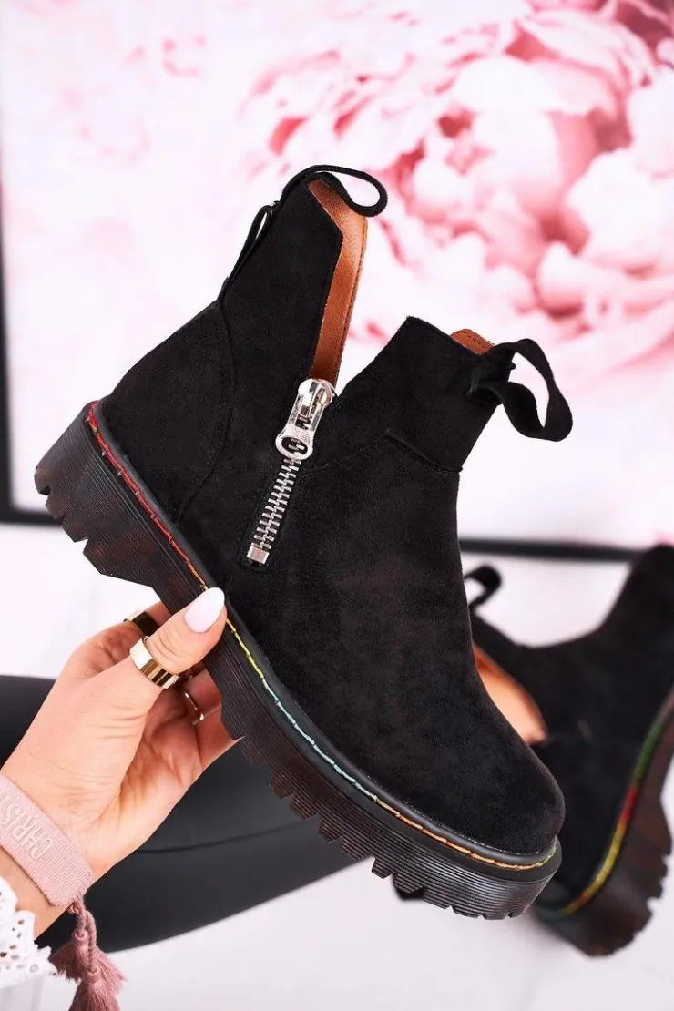 Online Boto Damskie Botki Sztyblety Z Kolorowym Przeszyciem Zamszowe Czarne Addison