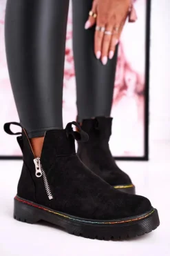 Online Boto Damskie Botki Sztyblety Z Kolorowym Przeszyciem Zamszowe Czarne Addison