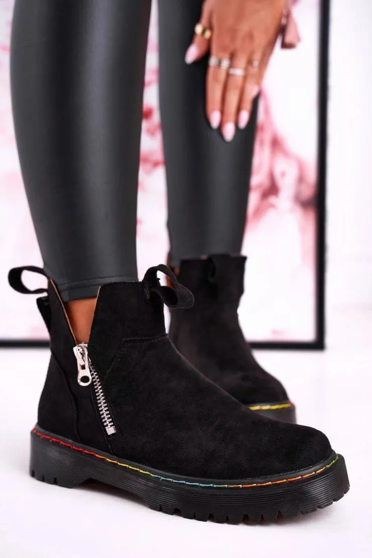 Online Boto Damskie Botki Sztyblety Z Kolorowym Przeszyciem Zamszowe Czarne Addison