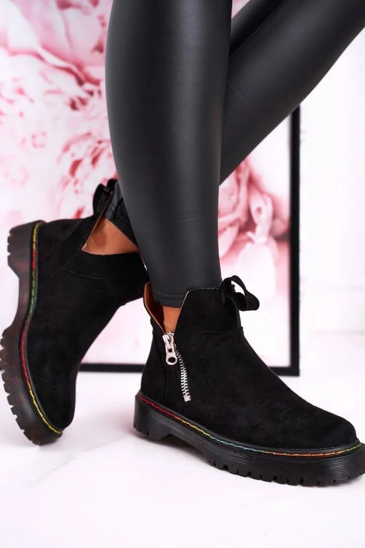 Online Boto Damskie Botki Sztyblety Z Kolorowym Przeszyciem Zamszowe Czarne Addison