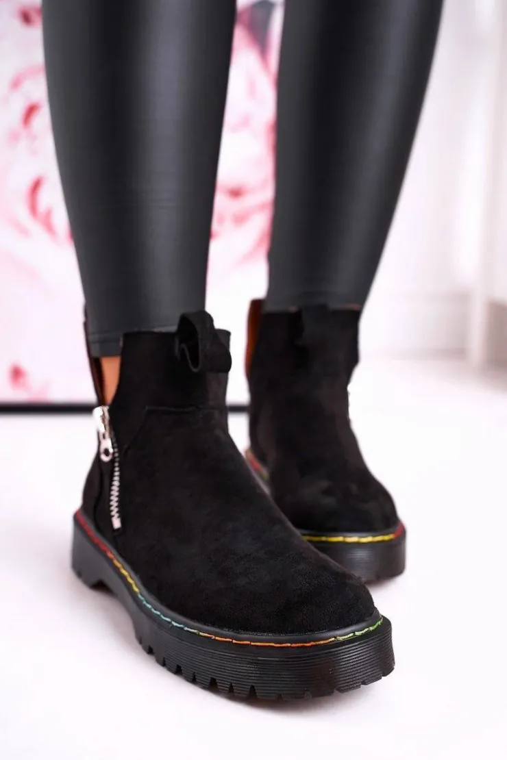 Online Boto Damskie Botki Sztyblety Z Kolorowym Przeszyciem Zamszowe Czarne Addison