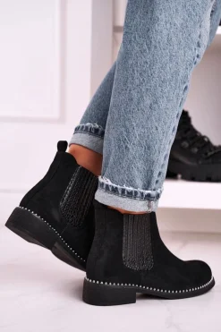 Damskie Boto Damskie Botki Sztyblety Z Dżetami Zamszowe Czarne Meagan