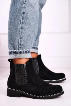 Damskie Boto Damskie Botki Sztyblety Z Dżetami Zamszowe Czarne Meagan