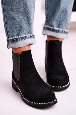 Damskie Boto Damskie Botki Sztyblety Z Dżetami Zamszowe Czarne Meagan