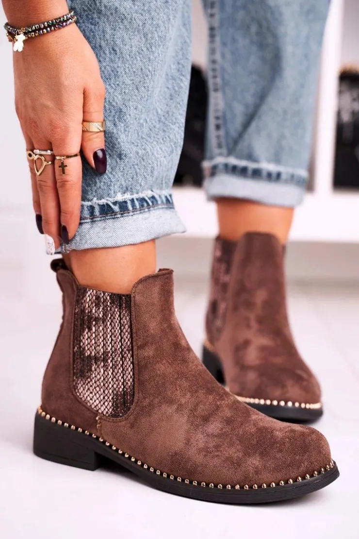 Outlet Boto Damskie Botki Sztyblety Z Dżetami Zamszowe Brązowe Meagan