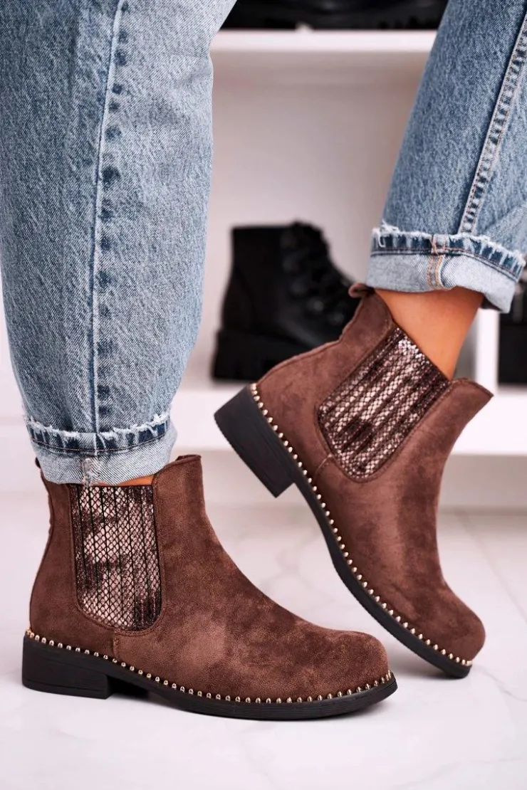 Outlet Boto Damskie Botki Sztyblety Z Dżetami Zamszowe Brązowe Meagan