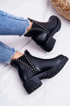 Boto Damskie Botki Sztyblety Z Cyrkoniami Czarne Sissy