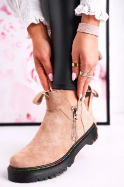 Boto Botki Wiosenne|Czarne Botki*Damskie Botki Sztyblety Z Kolorowym Przeszyciem Zamszowe Beżowe Addison