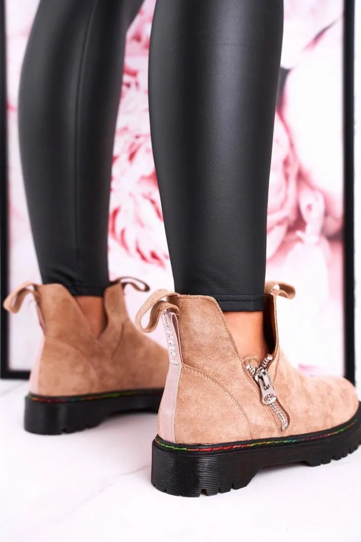 Boto Botki Wiosenne|Czarne Botki*Damskie Botki Sztyblety Z Kolorowym Przeszyciem Zamszowe Beżowe Addison