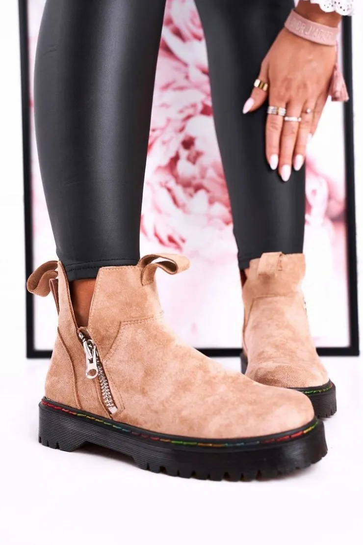 Boto Botki Wiosenne|Czarne Botki*Damskie Botki Sztyblety Z Kolorowym Przeszyciem Zamszowe Beżowe Addison