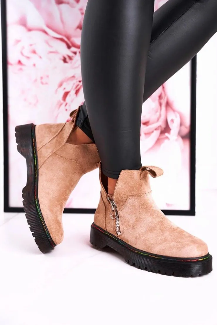 Boto Botki Wiosenne|Czarne Botki*Damskie Botki Sztyblety Z Kolorowym Przeszyciem Zamszowe Beżowe Addison