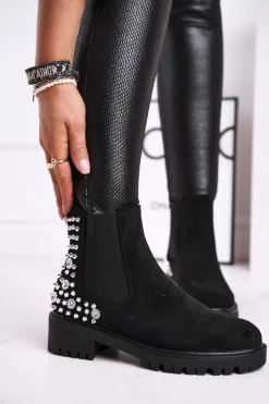 Hot Boto Damskie Botki Sztyblety Z Dżetami Czarne Lady In Black