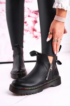 Damskie Boto Damskie Botki Sztyblety Z Kolorowym Przeszyciem Czarne Addison