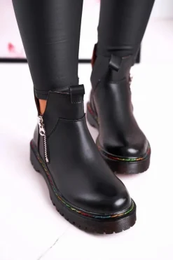 Damskie Boto Damskie Botki Sztyblety Z Kolorowym Przeszyciem Czarne Addison