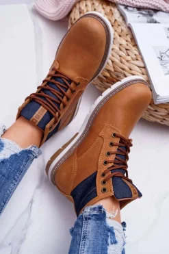 Damskie Big Star Shoes Damskie Botki Trapery Big Star Skórzane Brązowe EE274004