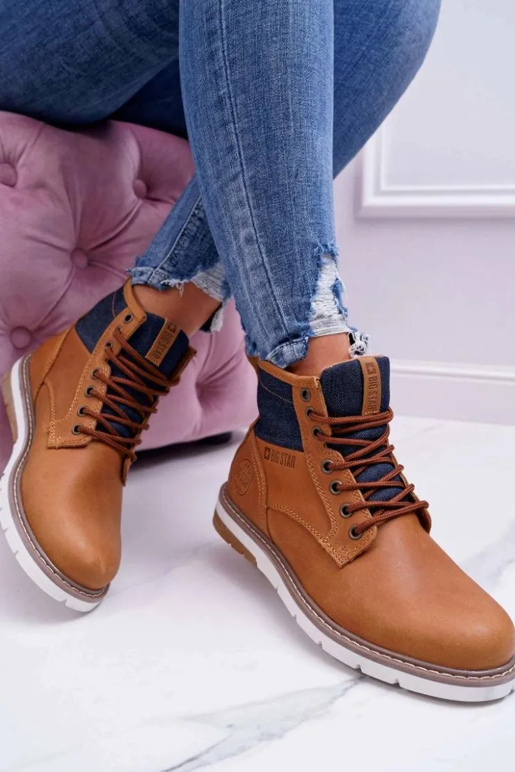 Damskie Big Star Shoes Damskie Botki Trapery Big Star Skórzane Brązowe EE274004