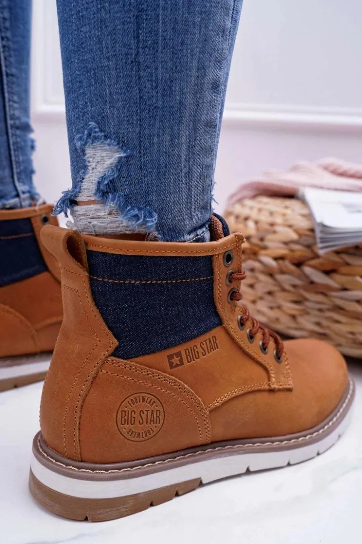 Damskie Big Star Shoes Damskie Botki Trapery Big Star Skórzane Brązowe EE274004