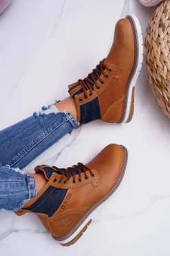 Damskie Big Star Shoes Damskie Botki Trapery Big Star Skórzane Brązowe EE274004