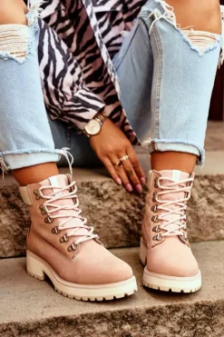 Big Star Shoes Damskie Trapery|Botki Sznurowane*Damskie Botki Trapery Big Star Pastelowe Różowe EE274034