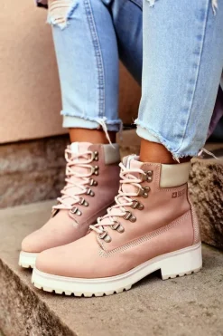 Big Star Shoes Damskie Trapery|Botki Sznurowane*Damskie Botki Trapery Big Star Pastelowe Różowe EE274034