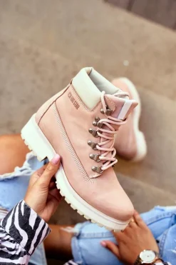 Big Star Shoes Damskie Trapery|Botki Sznurowane*Damskie Botki Trapery Big Star Pastelowe Różowe EE274034
