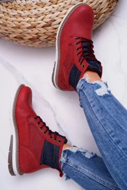 Hot Big Star Shoes Damskie Botki Trapery Big Star Skórzane Bordowe EE274006