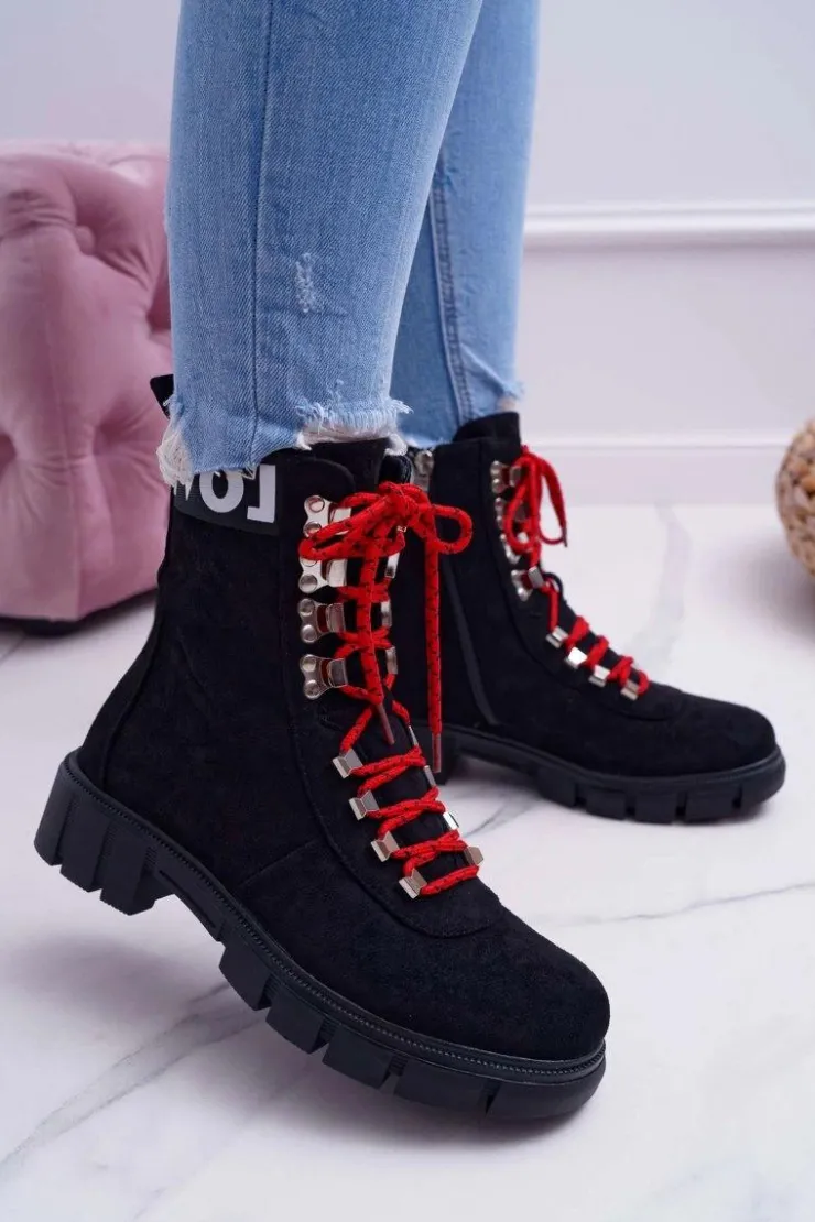 Boto Botki Sznurowane|Botki Zimowe Damskie*Damskie Botki Trapery Czarne Zamszowe Panther