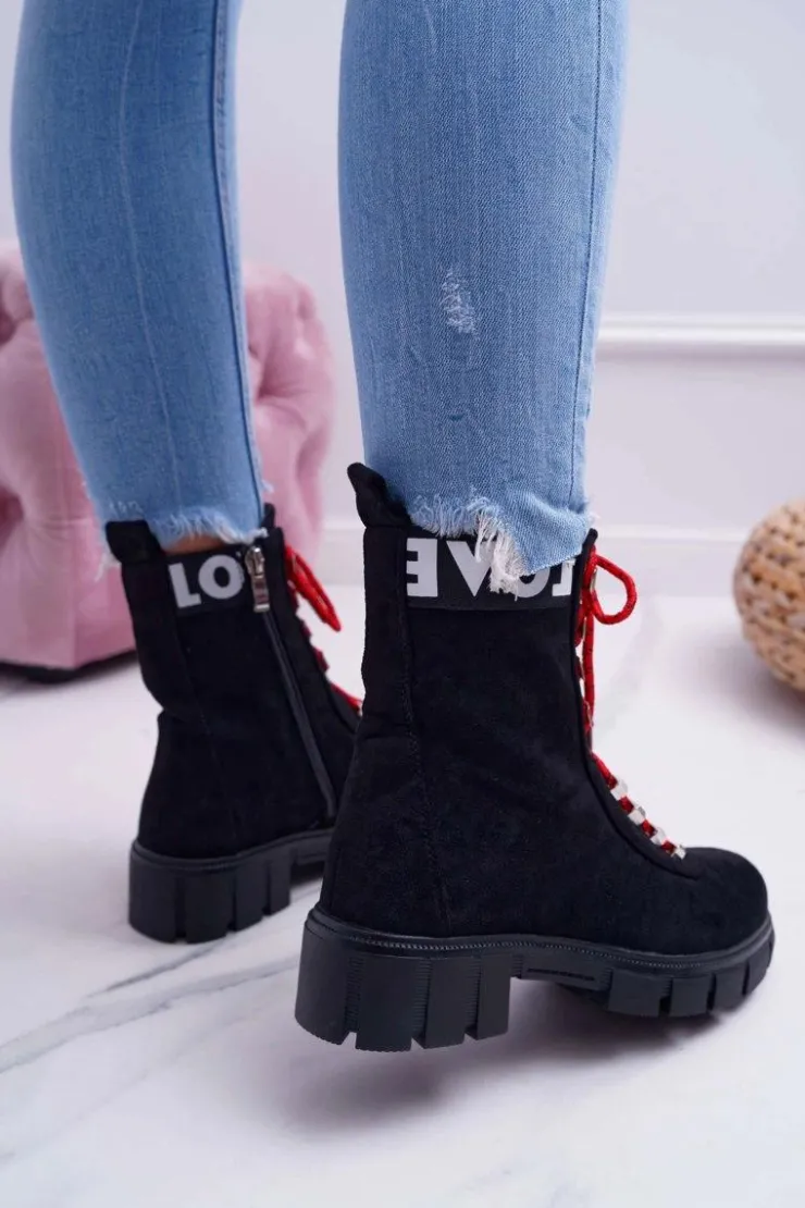 Boto Botki Sznurowane|Botki Zimowe Damskie*Damskie Botki Trapery Czarne Zamszowe Panther