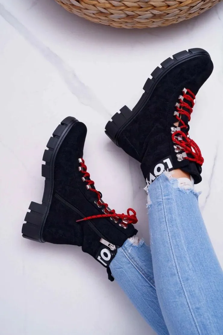 Boto Botki Sznurowane|Botki Zimowe Damskie*Damskie Botki Trapery Czarne Zamszowe Panther