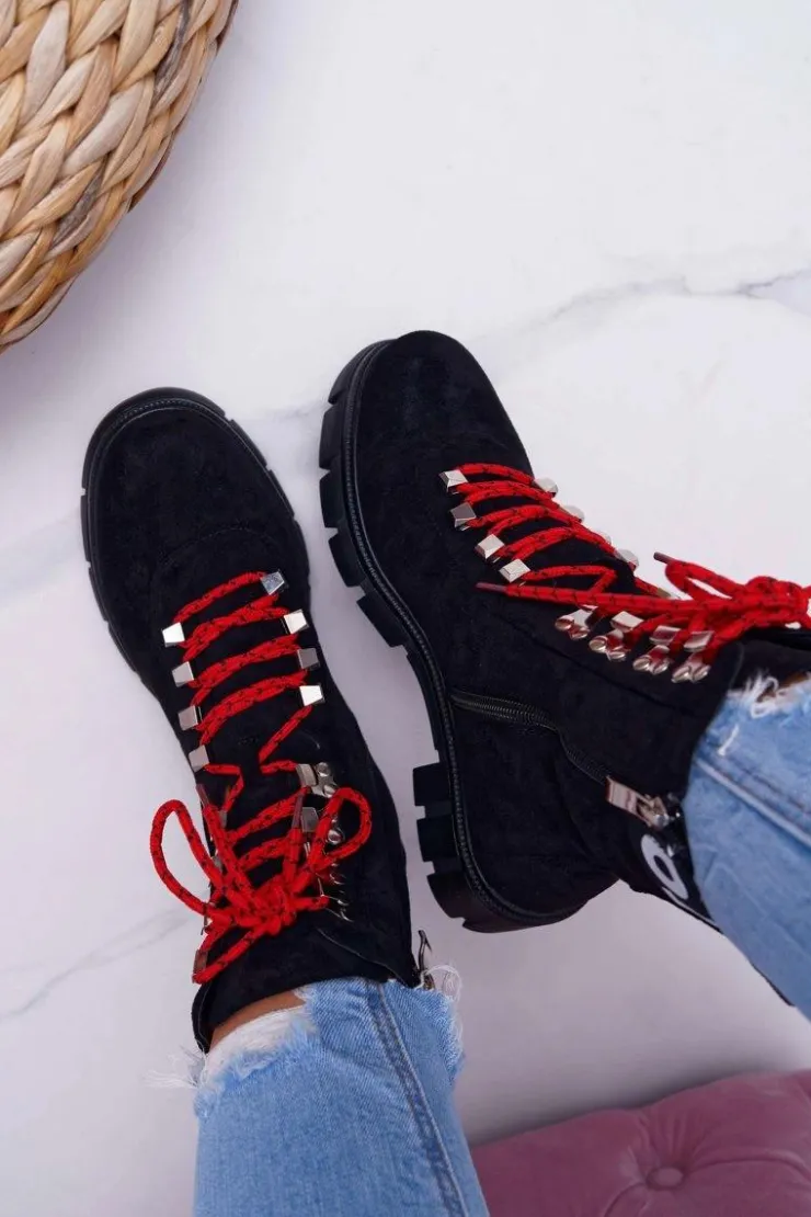 Boto Botki Sznurowane|Botki Zimowe Damskie*Damskie Botki Trapery Czarne Zamszowe Panther