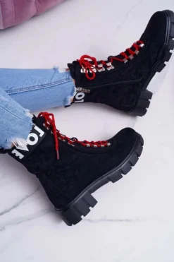 Boto Botki Sznurowane|Botki Zimowe Damskie*Damskie Botki Trapery Czarne Zamszowe Panther