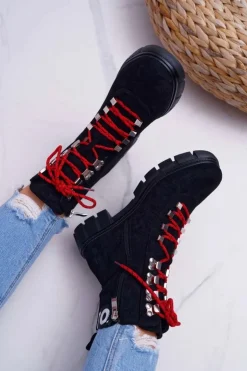 Boto Botki Sznurowane|Botki Zimowe Damskie*Damskie Botki Trapery Czarne Zamszowe Panther